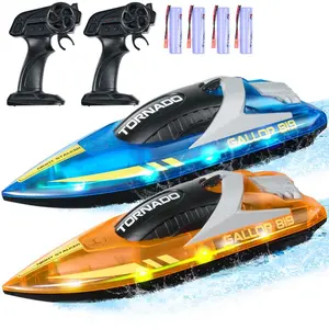 VEVOR RC Boat, 2 Pack 2.4GHz 12 km/h, Remote Control Boat for Pools Lakes, Racing Boat with LED Light, 4 Rechargeable Batteries, Whole Body Waterproof, Gift for Adults Boys Girls, Blue Orange