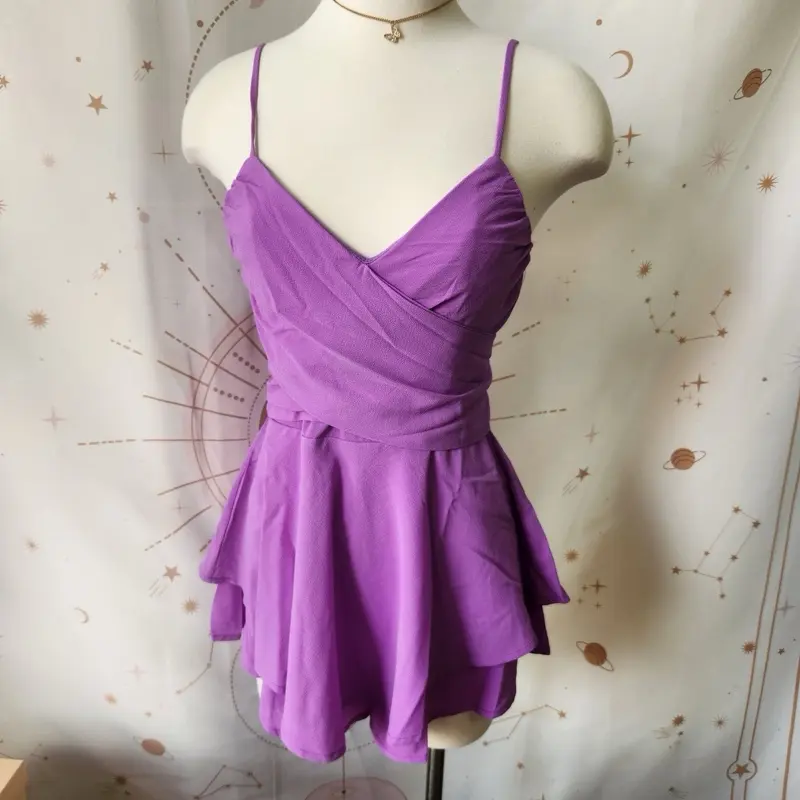 Purple Romper - Women's Jumpsuit with V-Neckline and Flared Skirt, Ideal for Casual Wear - Jumpsuits, Womenswear