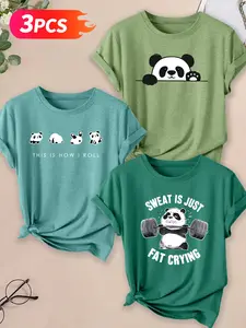 Cute Panda Humor Cotton T-Shirt Set, Casual Loose Fit Streetwear, Essential Fashionable for All Seasons, Unisex Clothing