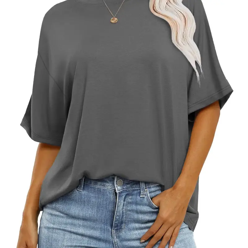 Women's Summer Casual Plain Oversize Loose-Fitting Round Neck Basic T-Shirt, Simple Minimalist, Versatile Daily Wear, loose fit tees, Womenswear