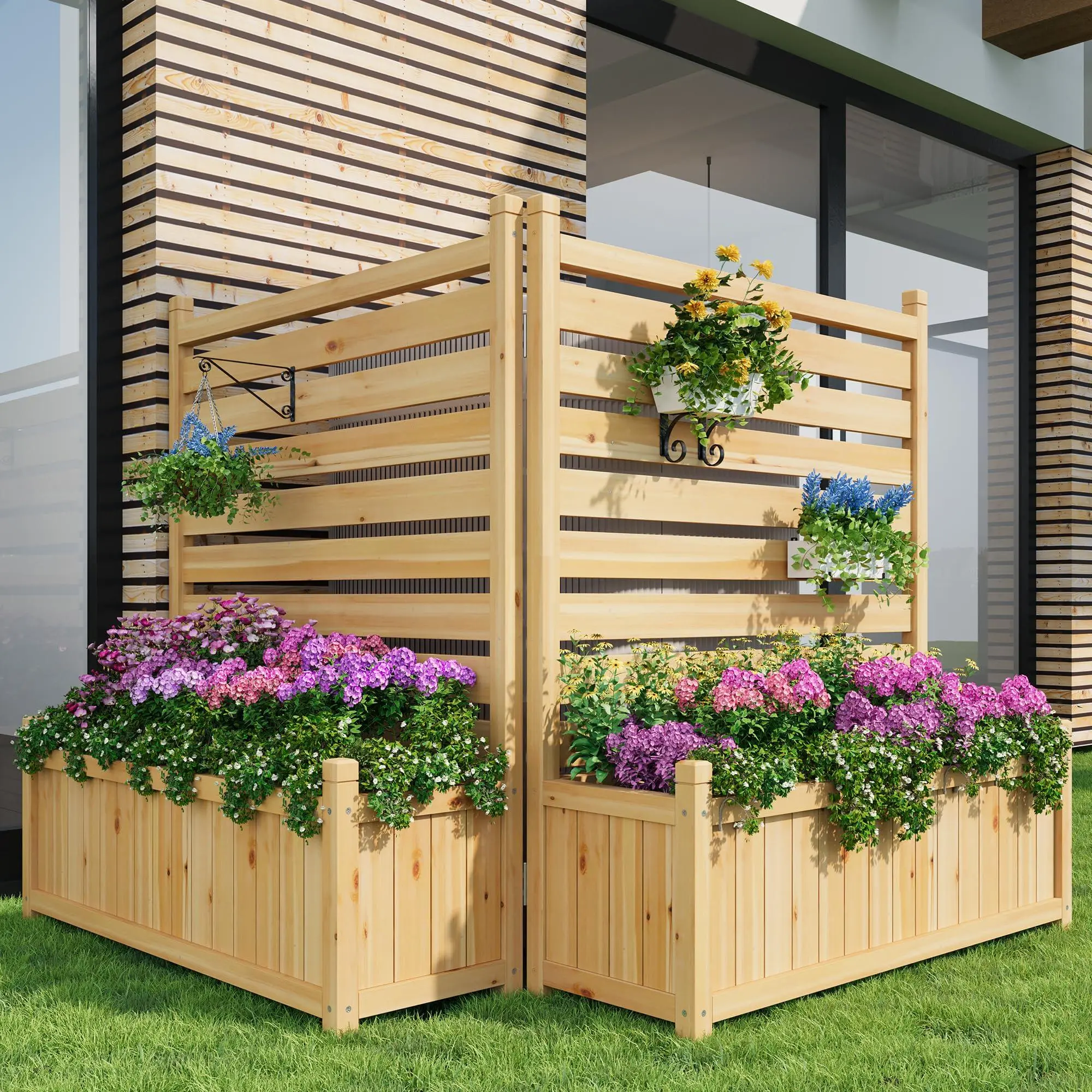 Wood Outdoor AC Fence Privacy Screen with Planter Box & Trellis, 2-Panels Patio Cover - Conceals Trash Cans & Equipment, Easy Setup, Rustic Look