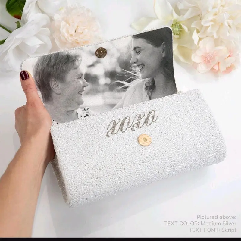 Elegant Rose Gold Beaded Clutch for Mom Mother of the Bride with Scripted "I Love You" Message Perfect for Weddings