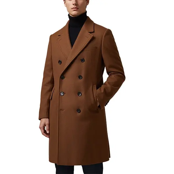 Men’s Double-Breasted Camel Brown Wool Overcoat