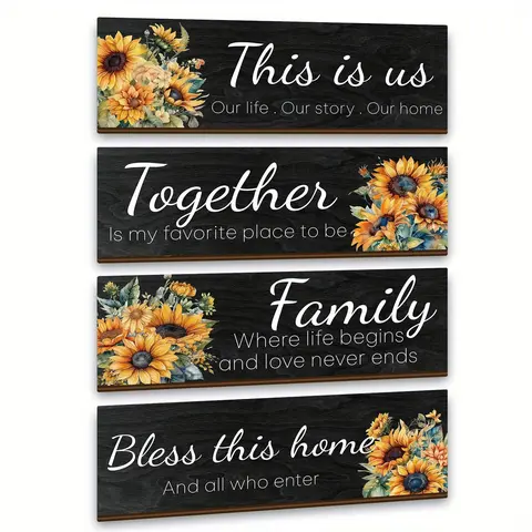 Sunflower Pattern Wooden Wall Sign, Decorative Wall Sign, 4 Counts/set Letter Pattern Wall Decor, Wall Art Decor for Home Living Room Bedroom, Indoor Home Decoration, Home Decor Products