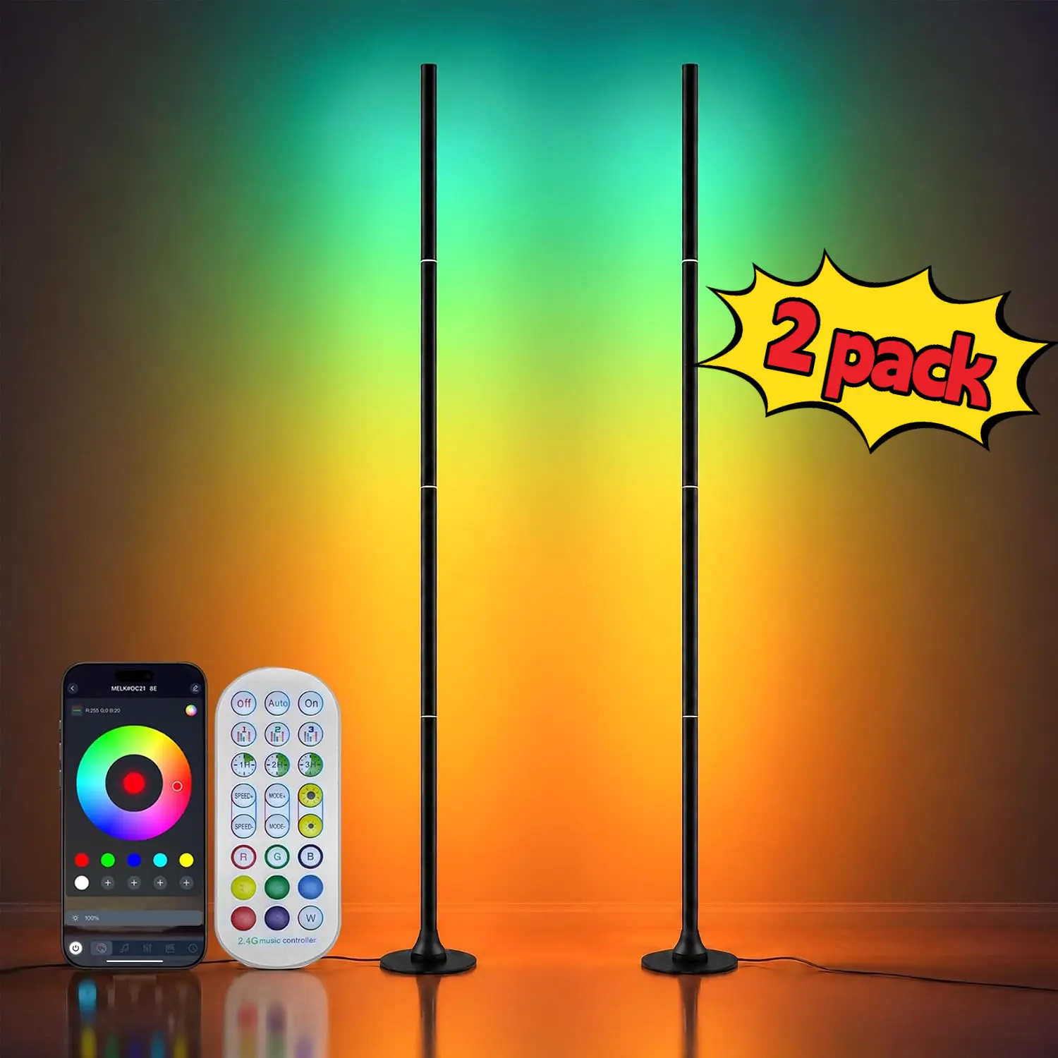 DAYBETTER  Corner Floor Lamp,Smart Ambient Light for Gaming Room,63 in,2Pack Remote & App Control,16 Million Colors & 100+ Scene Modes, Music Sync ,RGB Color Changing Floor Lamp for Living Room