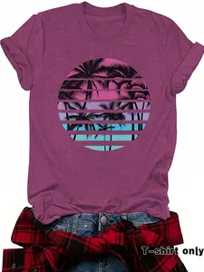 Women's Coconut Tree Print Round Neck Tee, Casual Short Sleeve Fitted Crew Neck Lightweight Fabric T-shirt for Summer, Casual Summer Style, Fashion Women's Top for Daily Wear, Womenswear