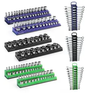 9PCS Magnetic Socket and Wrench Organizer Set, Sturdy Holder for 143 Sockets & 36 Wrenches, 1/4" 3/8" 1/2" Drive Metric & SAE, Socket and Wrench Holders for Tool Box Drawer(Socket Wrench not Included)