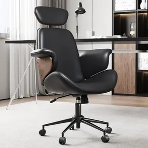 VanAcc Home Office Chair with Wheels and Bentwood Arms, PU Leather Swivel Desk Chair with Lumbar Support and Headrest, Height Adjustable Modern Computer Chair for Office, Study