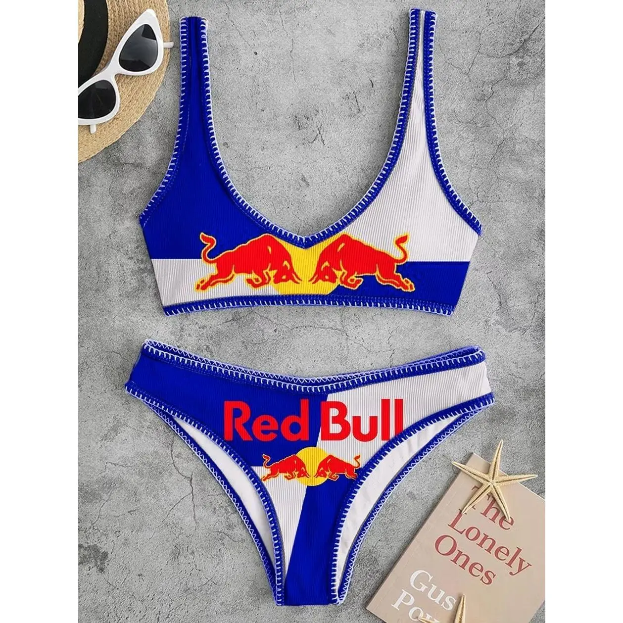Red Bull Casual Cute Blue Print Bikini Set 4A4