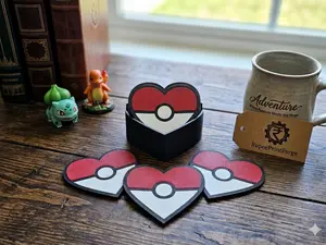 Heart Poke Ball 3D Printed Coaster Set of 6 with Case