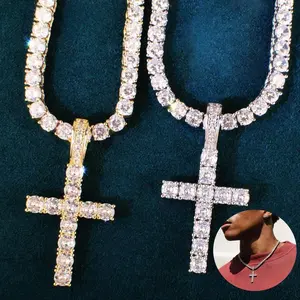 [ICE HUE] Iced Out 18 Karat Gold Vacuum Plated Copper Cross Pendant Tennis Chain Necklace, 5A+ Sri Lanka Zircon, Miami-Italy-Mexico & Micro Inspired Women’s Luxury Costume Jewelry for Daily Wear, Gift Idea, Iced Out Necklaces,summervibes