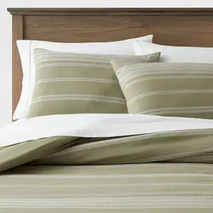 King Cotton Woven Stripe Duvet Cover & Sham Set Moss Green/White - Threshold
