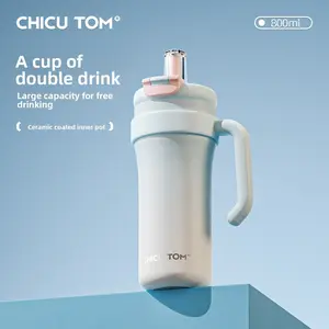 800ML Ceramic Lined Tumbler, Dual-Drink Insulated Cup with Handle, BPA-Free Ceramic Coated, Keeps Drinks Hot Cold, Perfect for Travel