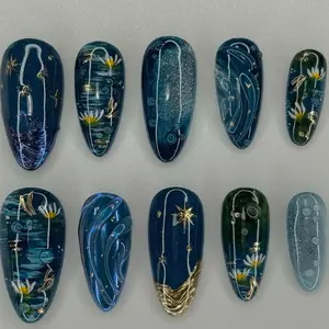 10 Pcs Hand-Painted 3D Lotus Starfish Almond Nails, Deep Sea Blue Gradient with Gold Foil, Luxury Mermaid Style False Nails for All Women