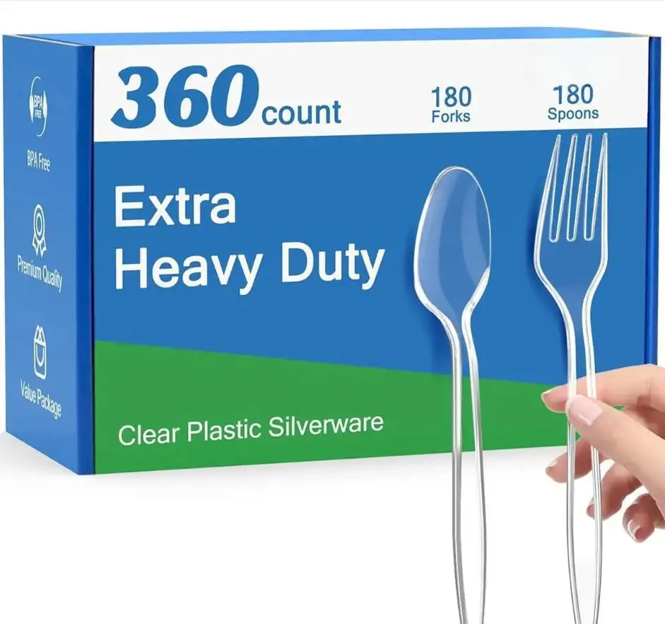 360 Count Extra Heavy Duty Clear Plastic Forks and Spoons | 180 Forks & 180 Spoons, Heat Resistant, Disposable Plastic Silverware Set