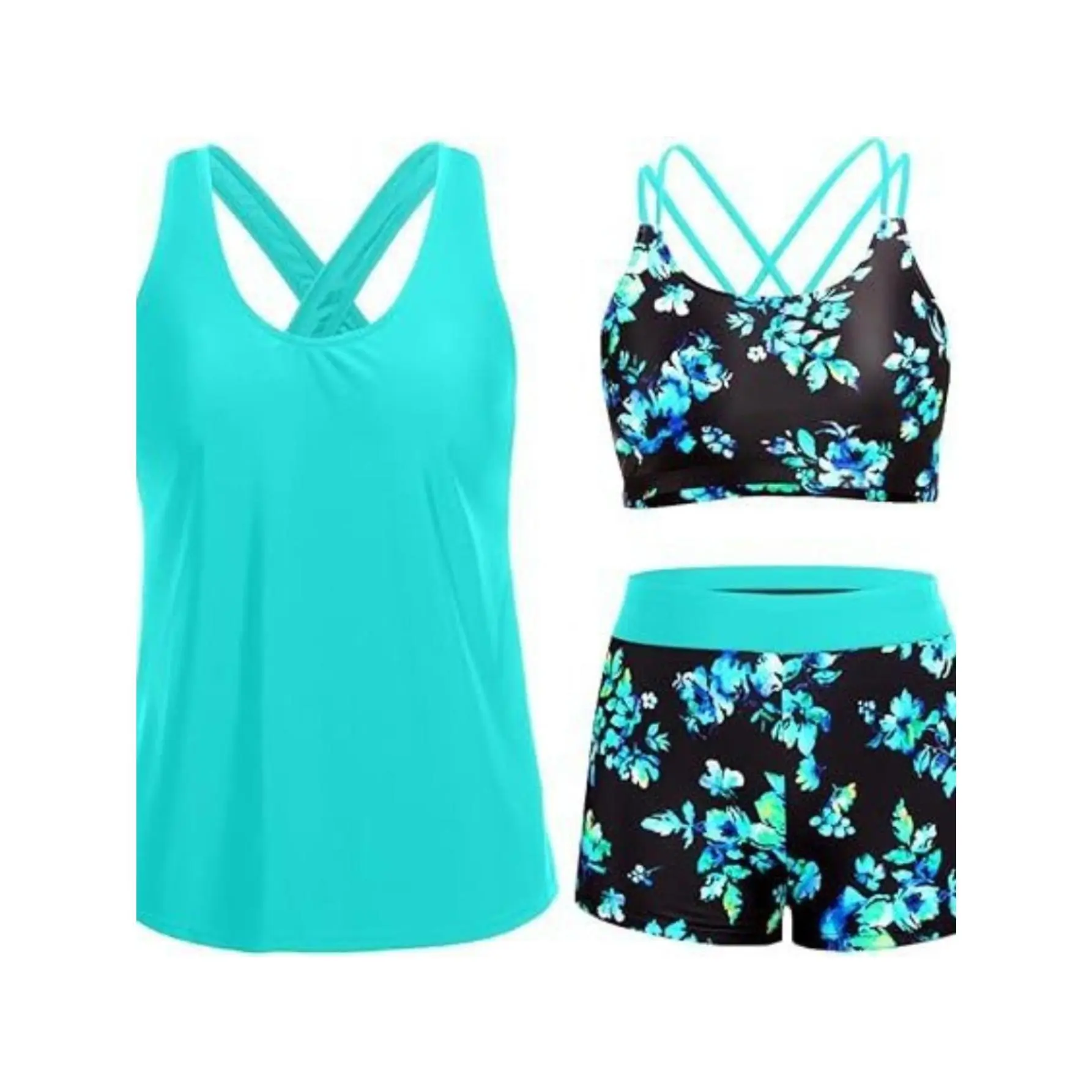 Women's 3-Pieces High-Waist Tummy Control Rashguard Set, Turquoise Black Floral Print, Push-Up Sports Bra, Cross-Back Tank Top, Highwaisted Biker Shorts, Quick-Dry Swimsuit for Women Female Swimming, Beach Vacation Water Sports