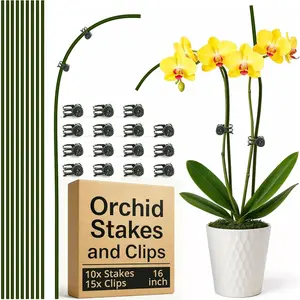 10 count  Support Stakes for Indoor  16 Inches with 15 Clips,  Sticks for Indoor and Outdoor , Tall Bendable Orchid Clips and Single Stem Flower Stakes (Green)