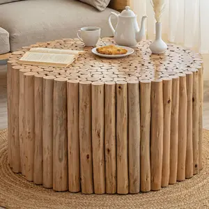 T1009 handcrafted round coffee table made from natural wooden logs featuring a detailed carved top, earthy charm in Natural