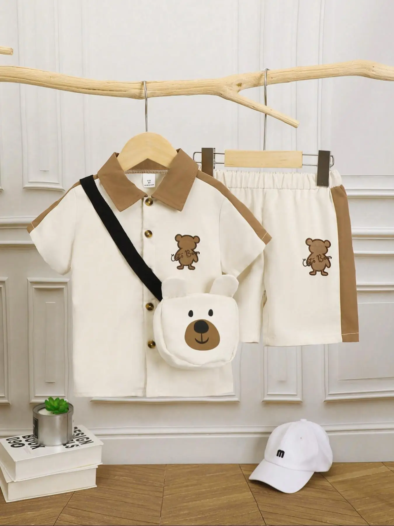 Toddler Boy's Bear Patchwork Print Outfits Set, Shortsleeve Button Front Collared Shirt & Elastic Waist Shorts & Bear Design Crossbody Bag Set, Summer