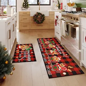 Christmas Theme Kitchen Rug, Scottish Plaid & Gingerbread Man Pattern, Soft Non-Slip Washable Mat, Holiday Gift for Home Decor