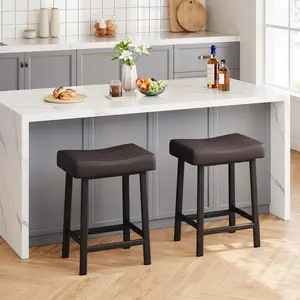Modern Saddle Bar Stools Set - 24-Inch PU Leather,White Metal Legs and Footrest - Easy Assembly for Kitchen Island, Dining Counter,Brown