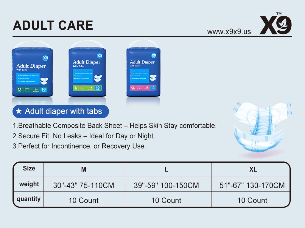 X9 Adult Diapers with Tabs, Heavy Absorbency Incontinence Diapers, Unisex for Men & Women, Quick Liquid Lock, Super Soft, Size M/L/XL, 10 Count Per Pack