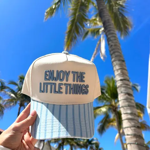 KenzKustomz Enjoy the Little Things Vintage Trucker Hat, Cream & Blue Pinstripe Embroidered Snapback Cap, Unisex Adjustable Baseball Cap for Women & Men, Casual Positive Quote Hat, Cute Everyday Gift