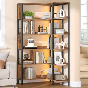 Hzuaneri Corner Bookshelf with LED Lighting, 5-Tier Freestanding L-Shaped Corner Bookshelf, Industrial Bookcase with Serpentine Bookends, for Living Room, Bedroom, and Kitchen