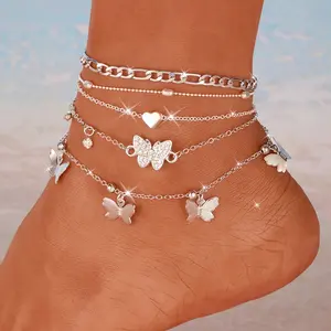 5-piece Bohemian Style Classic Anklet Set, Silver Butterfly and Heart-shaped Pendant Chain, Zinc Alloy, Elegant Beach Jewelry, Suitable for Daily and Vacation Wear, Suitable for Christmas waterproof hypoallergenic
