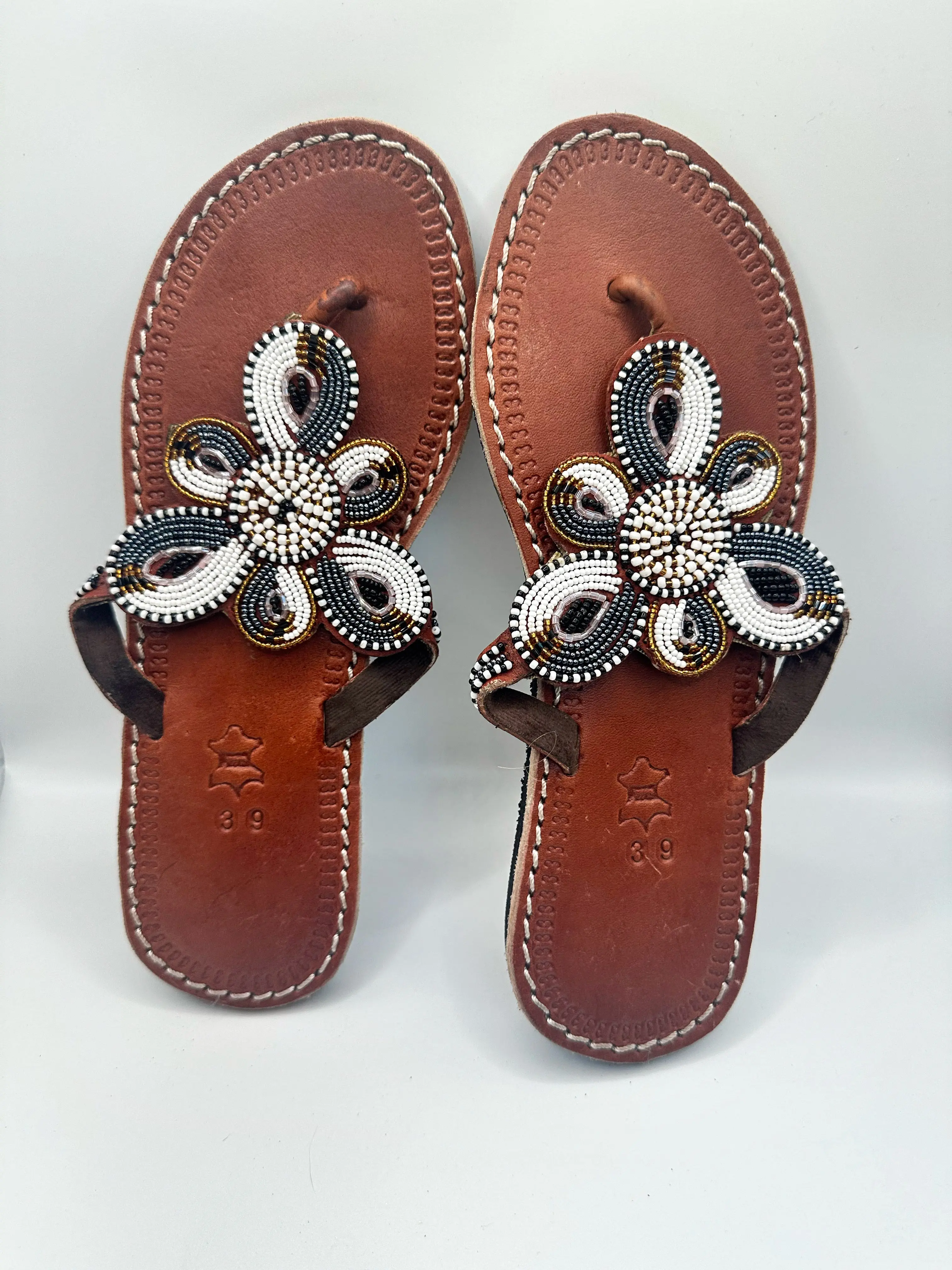 Women’s African Maasai Beaded Sandals Size 8.5 - Handmade Leather Boho Shoes