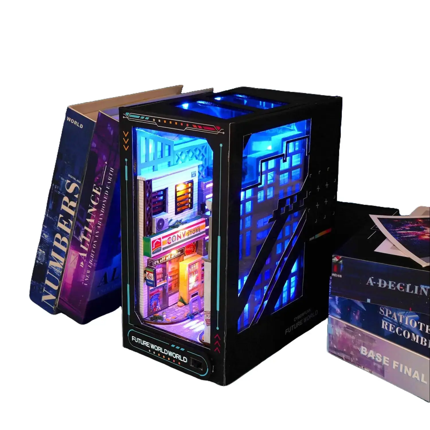 Cyberpunk DIY Book Nook Kit 3D Wooden Miniature with LED Lighting