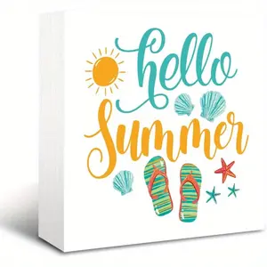Hello Summer Flip Flop Wooden Box Sign, Home Decoration for Desk, Table, or Shelf, Farmhouse Summer Tiered Tray Decor, Beach Flip Flop Ornament, 5 X 5 Inches