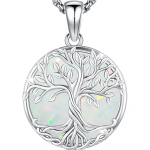 DRINSPER S925 Yggdrasil Tree of Life Necklace Crystal/Moonstone/Opal Decor Yggdrasil Necklace 925 Sterling Silver Norse Mythology Viking Jewelry for Pagan