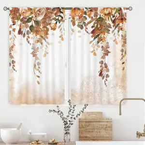 Orange Floral Kitchen Curtains 27.5Wx39H Inch Rod Pocket Autumn Leaves Curtains Brown Flower Kitchen Decor for Women Rustic Wildflower Fall Plant Botanical Nature Window Drapes Fabric 2 Panel