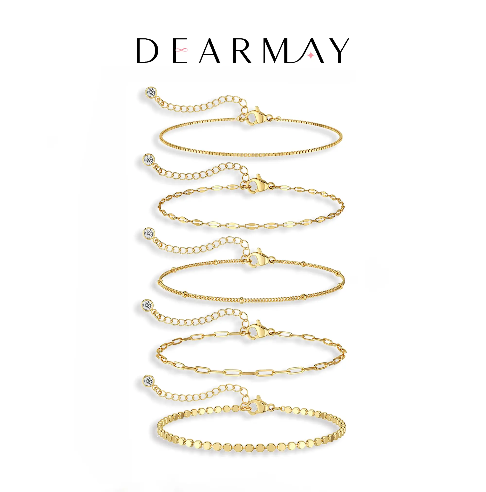 Dearmay Gold Bracelet for Women 14K Gold Plated Bracelet Stacks Stackable Bracelets Waterproof Chain Adjustable Cute Jewelry Set