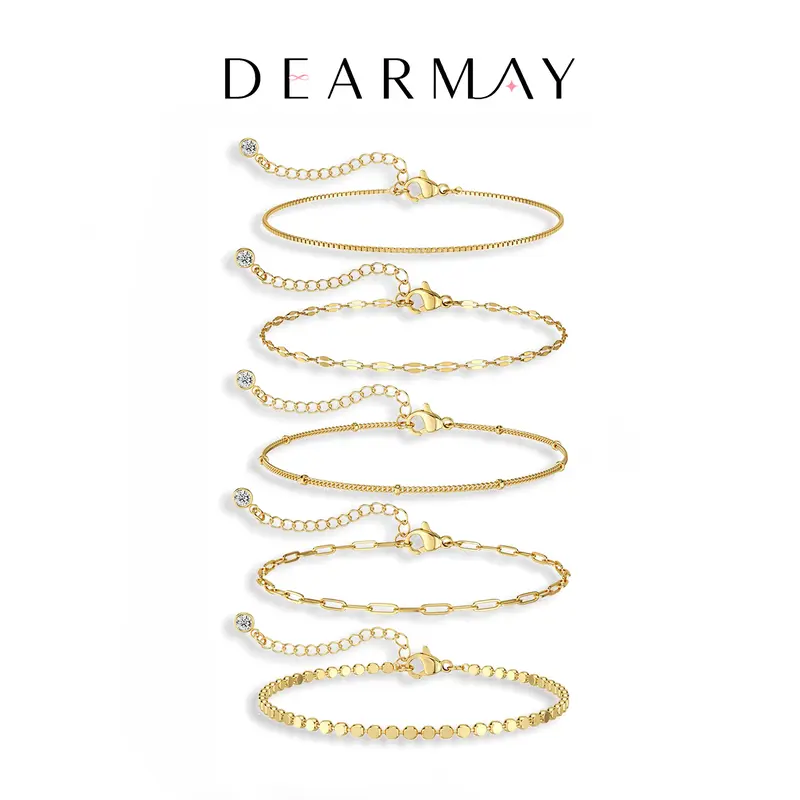 Dearmay Women's 14K Gold Plated Stackable Bracelet Set - Adjustable Waterproof Chain, Cute Gold Jewelry, Accessories & Gifts for Women, Cute Girly Gifts
