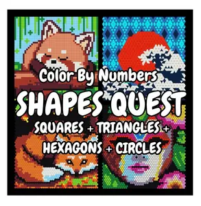 QUEST Color By Numbers: Squares + Triangles + Hexagons + Circles Mystery Mosaic Color By Number Book for Adults - Black Background