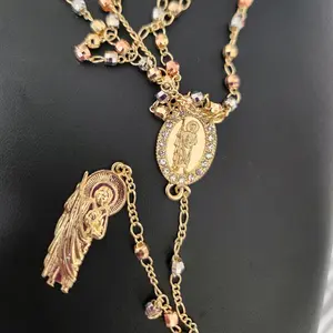 66 - San Judas Tadeo Rosary 24in 14K Oro Laminado Triple Cross Pendant Gold Necklace for Religious Wear 24 Inch Length