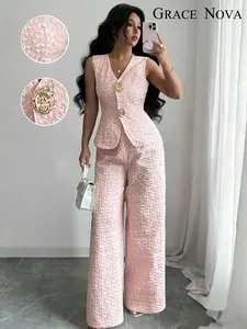 Women's Summer Fashion Chic Sleeveless Loose Fit Suit Set Pants, Casual Business Commute Western Style, All Seasons Wear, Plain Pattern, Outfit