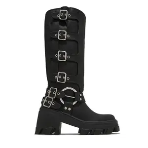 Alix Knee High Buckle Combat Boots - Black Does not apply chinese sandals flip flop