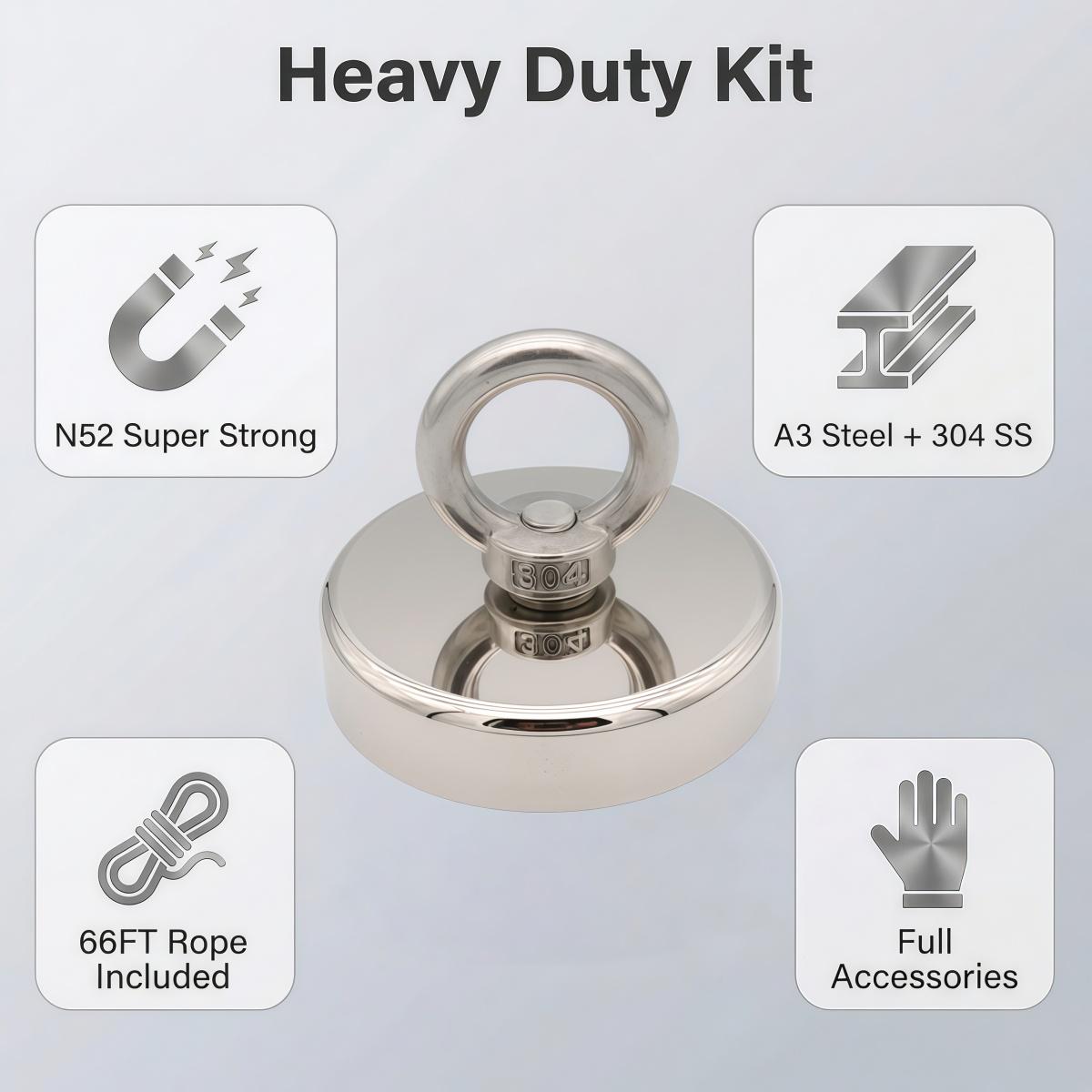 N42 Neodymium Fishing Magnet 675LB Pull Force 75mm Diameter Heavy Duty Lifting Magnet with 20M Rope Grappling Hook Complete Kit for Underwater Salvage Treasure Hunting