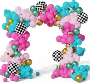 Alice Wonderland Balloon Garland Arch Kit, 144pcs Lake Blue Hot Pink Balloons with Chessboard Foil Balloons for Spring Tea Party Supplies Onederland First Birthday Baby Shower Decorations