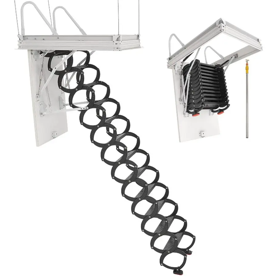 【Black Friday】VEVOR Alloy Steel Telescopic Ladder for Attic Access & Climbing, Pull-Down Retractable with Pulling Rod, Anti-Slip Foot Pad Base, 660 lbs Capacity, Fits 9.5-10.2 ft Loft Roof Ceilings & 39.4x27.5 in Openings, Steel+Wood+Aluminum, 117.5 lbs,