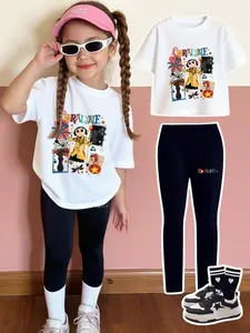 Girls' Coraline Theme Fashion Clothes Set, Round Neck Short Sleeve & Slim Fit Long Pants, Cartoon Print Design, All Season Wear