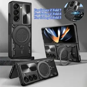 HAY Shockproof Armor Magnetic 360°Rotating Holder Ring Phone Case For Samsung Galaxy Z Fold 7 6 5 With Slide Camera Lens Back Cover