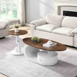 Luxury Nesting Coffee Table Set of 2,  Living Room Center Tables with Storage, Oval and Round Table Set, White Center Table, Cocktail Table, Side Table,  Large 47.24'', Small 19.69''