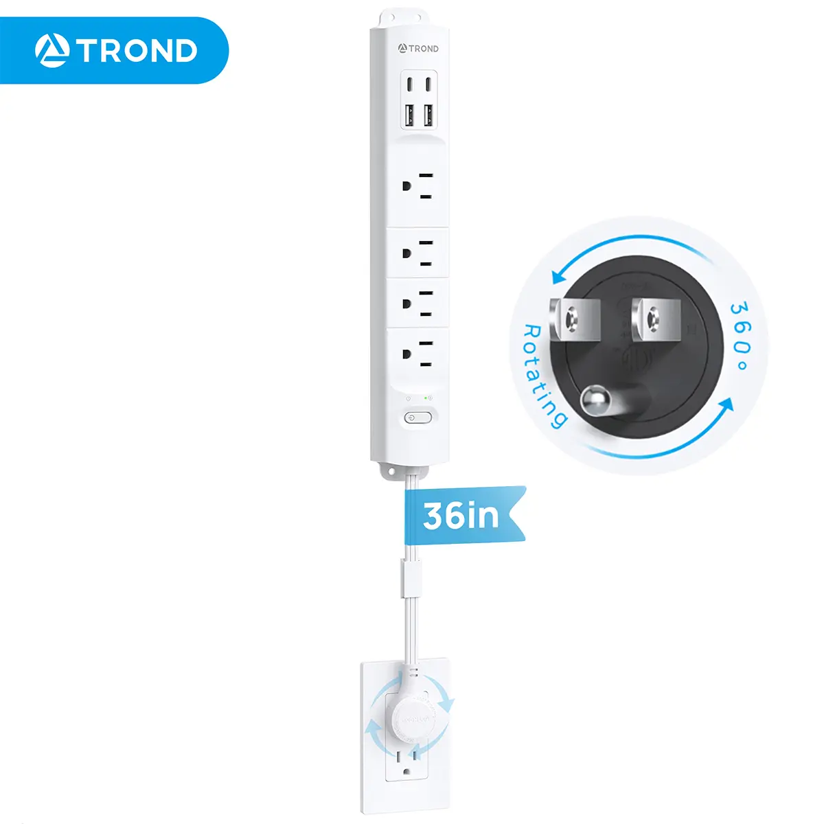 TROND Power Strip with 360° Rotating Plug, ETL Listed 36in Extension Cord, Multi Plug Wall Outlet Extender with 4 USB Ports, Mountable, White