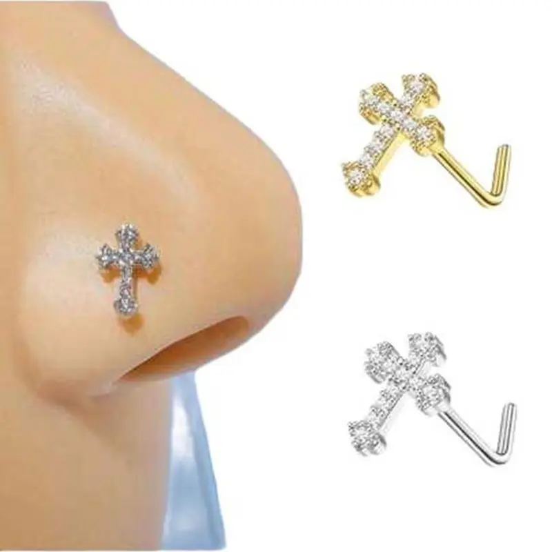 Rhinestone Cross Nose Ring, Nose Piercing Jewelry, Punk Style Nose Ring for Women & Men for Party, Daily Clothing Decor, Trendy All-match Jewelry for Birthday Gift, Rhinestone Nose Rings