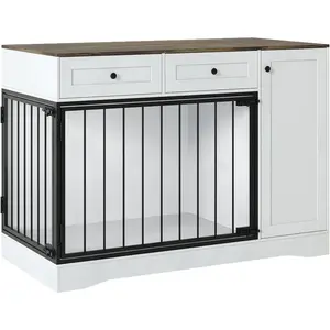 Farmhouse Dog Crate Furniture 47" – Modern Indoor Kennel with Double Doors, TV Stand & Buffet Cabinet, Dog Cage Side Table with 2 Drawers & Storage for Small & Medium Dogs