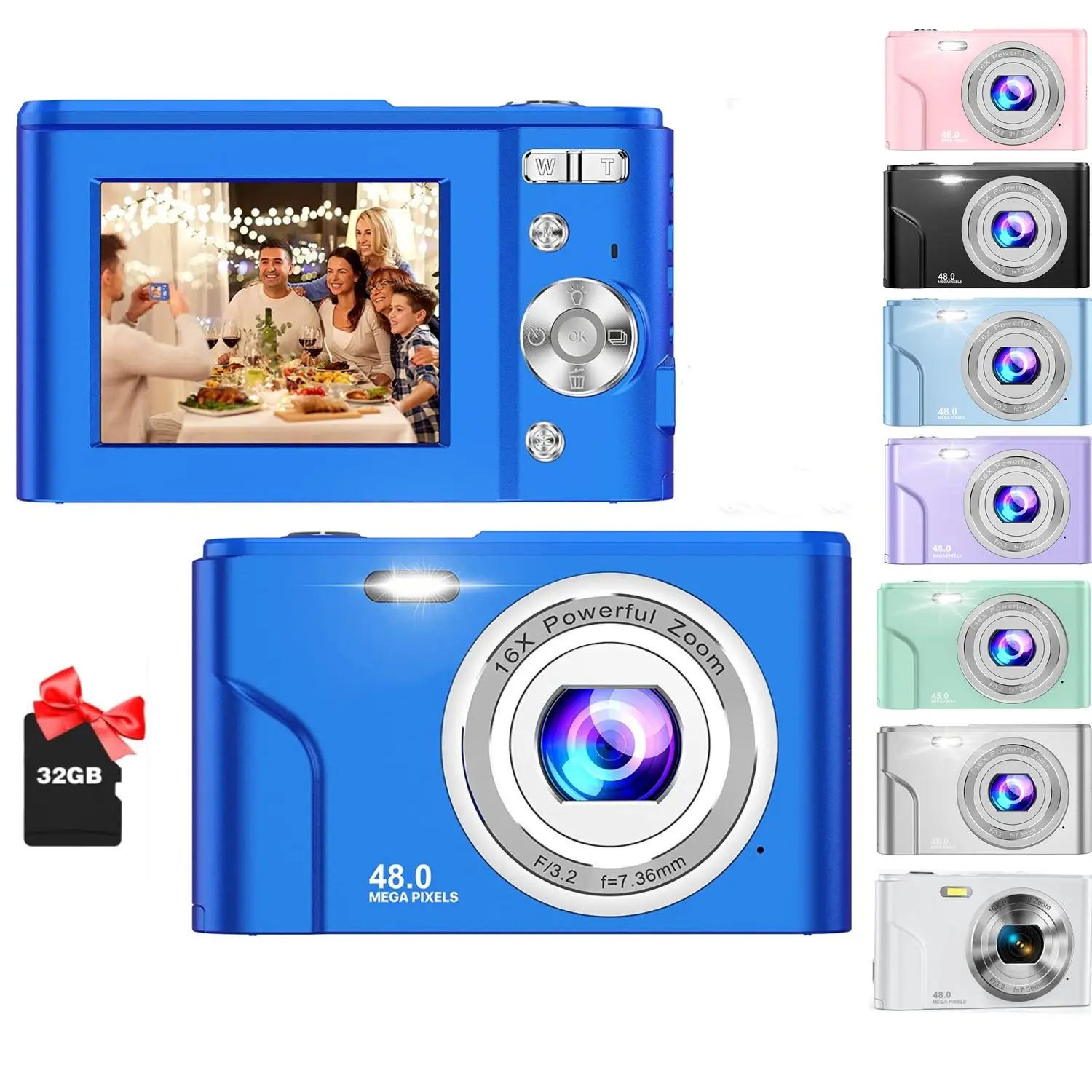 48MP FHD 1080P Video Photo Camera, Portable 16X Zoom Digital Compact Camera with 32GB Memory Card & Charging Cable & Instruction Manual, Durability Co